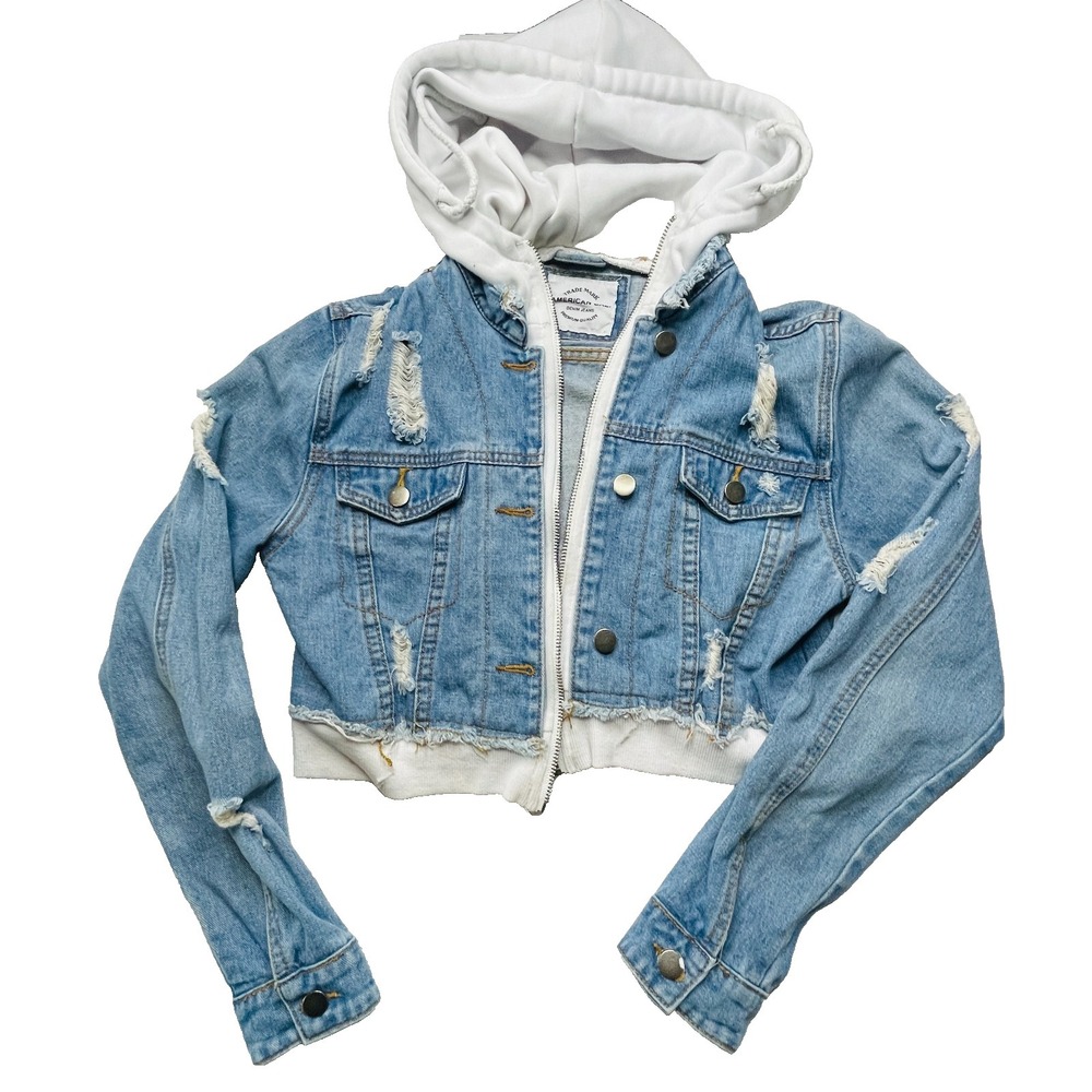 American Bazi Juniors Medium Cropped Denim Jacket Blue Hoodie Distressed READ